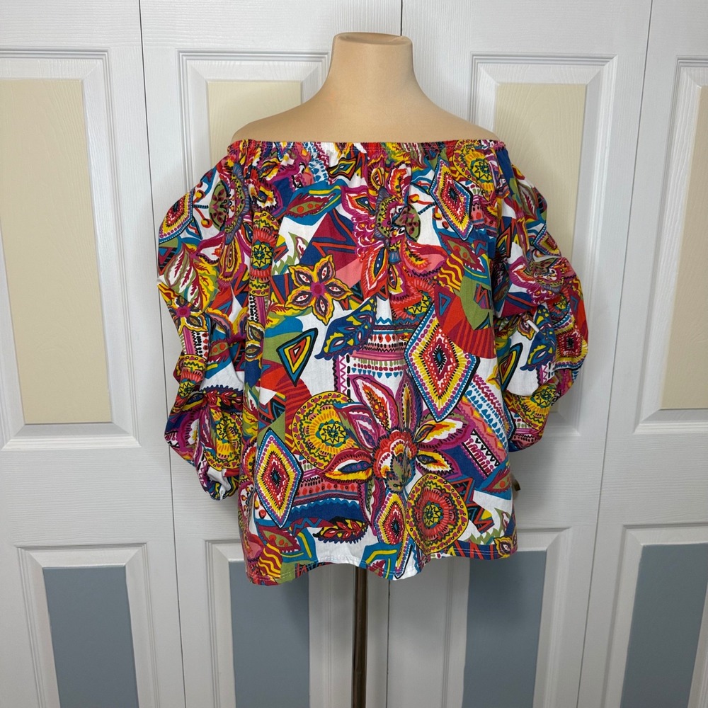 Arabella Off Shoulder Balloon Sleeve Top Multicolor Psychedelic Paisley XL